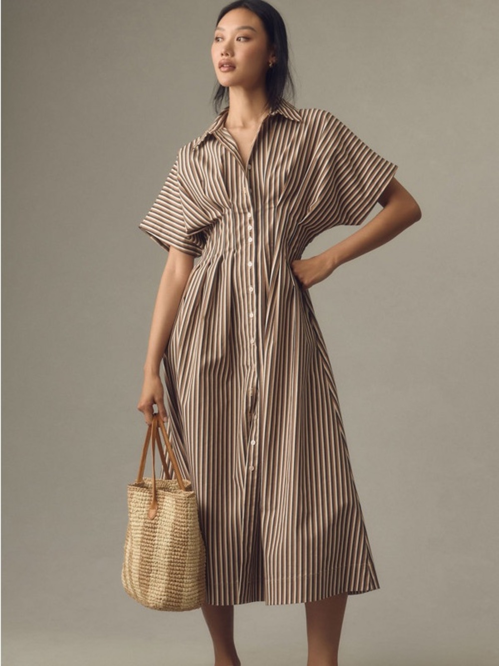 EXQUISE The Tobie Button-Front Pleated Shirt Midi Dress